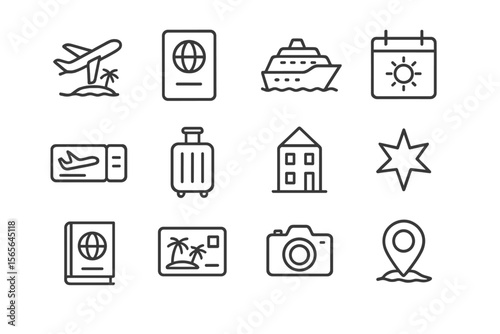 Travel icons: passport, cruise, plane, luggage, camera, calendar, location