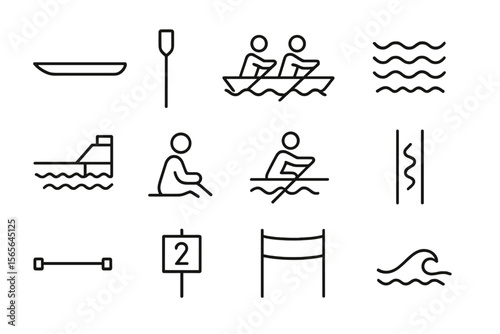 Rowing icons: boats, oars, waves, and athletes in line art