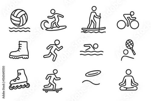 Simple sports icons: volleyball, surfing, cycling, running, swimming, yoga