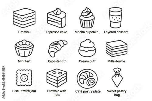 Outline icons of desserts: cakes, pastries, tarts, and cupcakes
