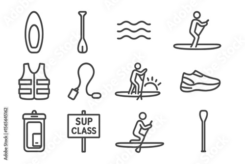 Paddleboarding icons: sup board, paddle, waves, life jacket, safety gear