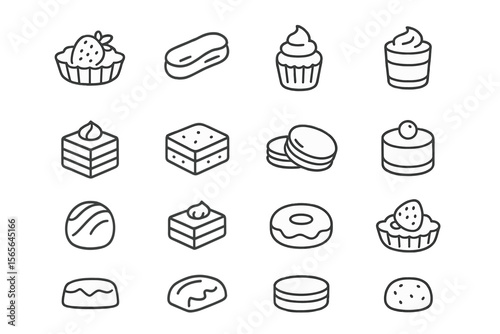 Monochrome dessert icons collection featuring cakes, cupcakes, and macarons