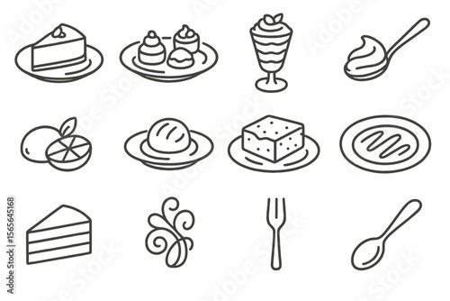 Assorted dessert icons on metallic background - cakes, pudding, fruits, and utensils