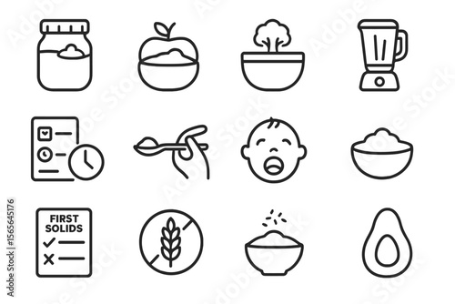 Baby food preparation icons set in black: jar, spoon, blender, avocado, list