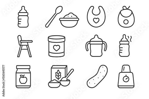 Baby feeding essentials icons: bottle, spoon, bib, high chair, sippy cup, food jar