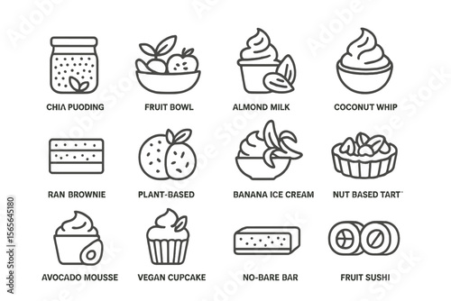 Plant-based desserts icons with chia pudding and coconut whip illustrations