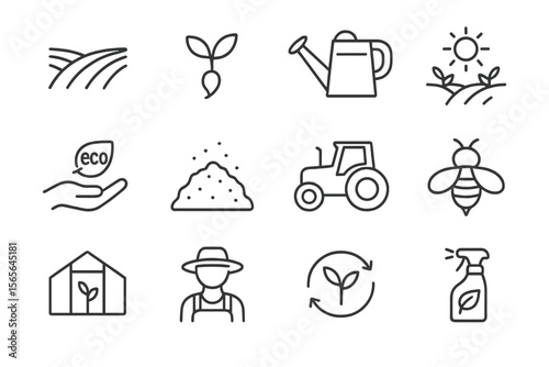 Agricultural icons set featuring eco symbols and farming tools
