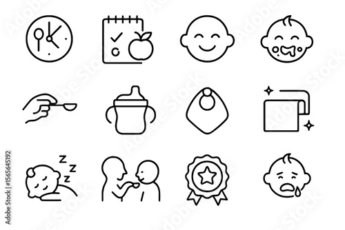 Baby care icons: feeding, sleep, hygiene, awards, and emotions