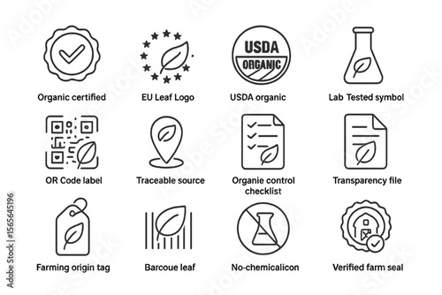 Organic certification and lab testing icons with qr code and traceability symbols