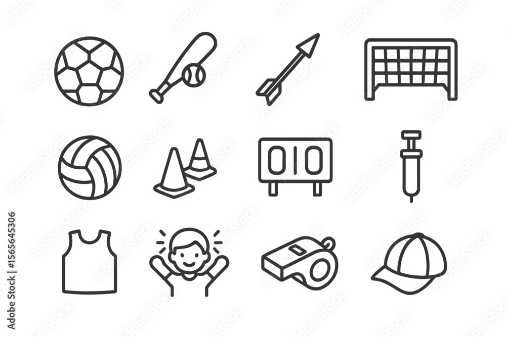Fototapeta premium Sports equipment icons: balls, whistle, goal, jersey, cap