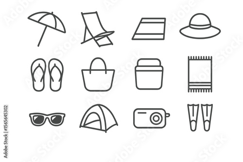 Beach essentials icons: umbrella, hat, sunglasses, tent, camera, flippers