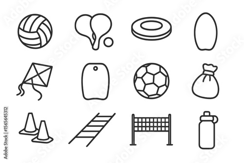 Silhouette icons of sports equipment: volleyball, football, frisbee, soccer, kites