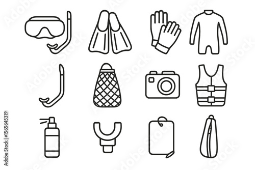 Scuba diving gear icons set with snorkel, flippers, camera, wetsuit, vest, gloves