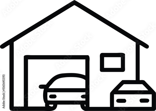 Line art drawing of garage with car inside and second car outside