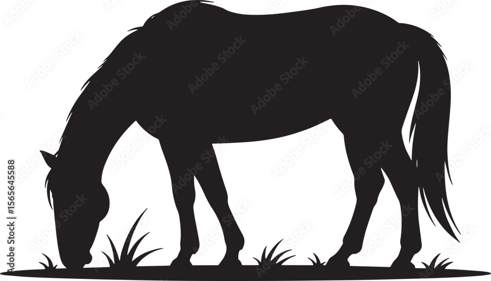 Fototapeta premium horse eating black silhouette vector, Simple silhouette Design vector icon with white background. Wild animal silhouette