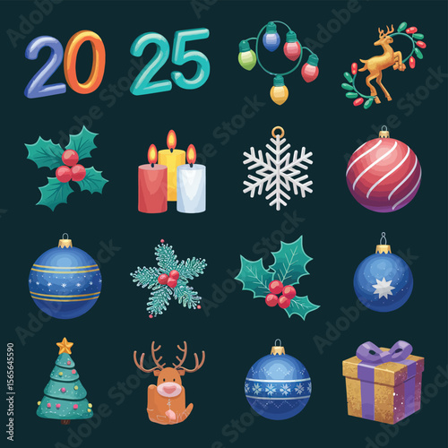 vector Happy New Year Celebrating 2025 in Latin letters , Christmas Decoration Items Santa Claus
