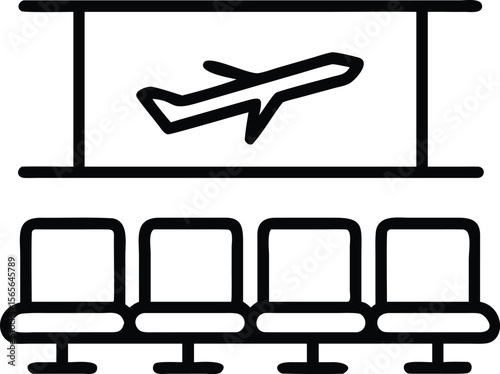 Line art icon depicting airport waiting area with seating and departure schedule board