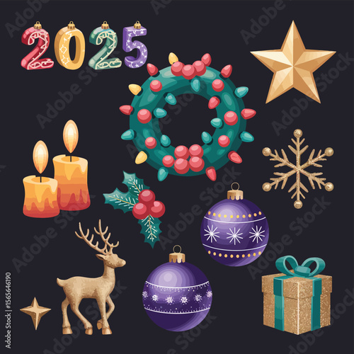vector Happy New Year Celebrating 2025 in Latin letters , Christmas Decoration Items Santa Claus
