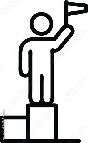Line art illustration of a person on podium holding flag symbolizing success