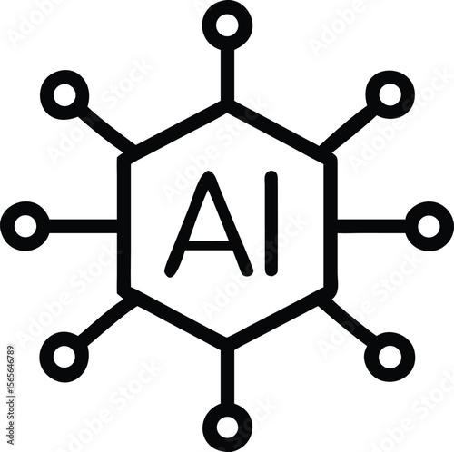 Line art illustration of hexagon with AI abbreviation connected to circles by lines