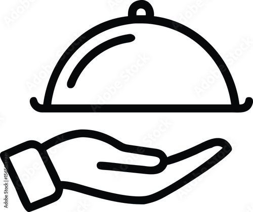 Line art of a hand holding a serving platter with cover