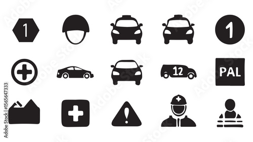 Collection of black and white icons including vehicles and medical symbols