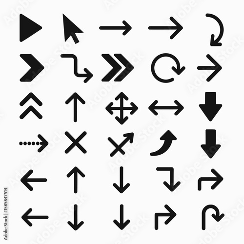 A comprehensive collection of diverse black arrow icons on a clean white background, representing direction, navigation, and user interface elements.