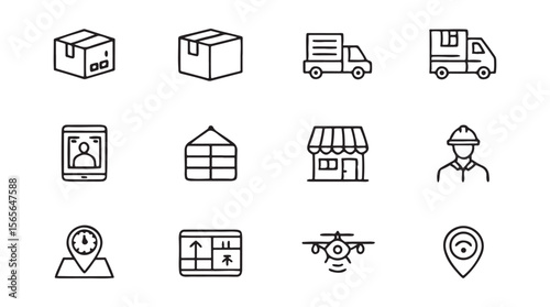 Delivery and logistics icons with boxes trucks and drone