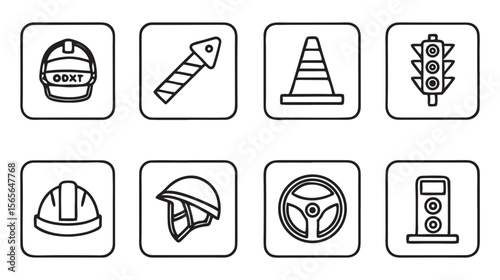 Set of eight line art icons for safety and transport