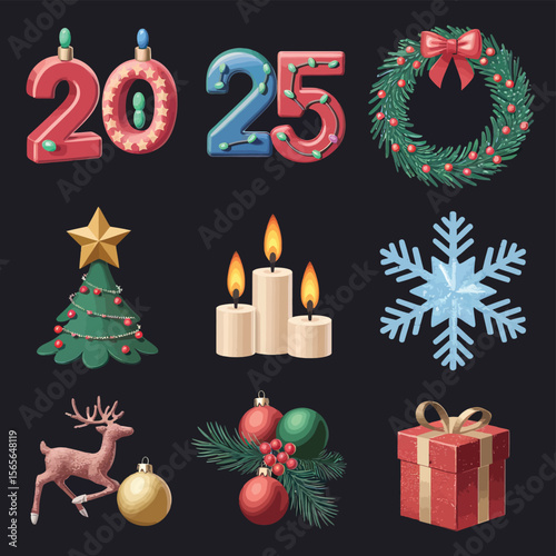 vector Happy New Year Celebrating 2025 in Latin letters , Christmas Decoration Items Santa Claus
