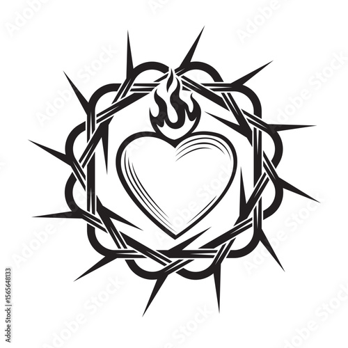 heart, crown of thorns and flame isolated on white background