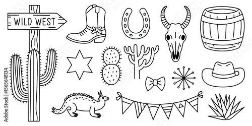 Wild west desert elements collection with cactus boot horseshoe skull barrel hat vector