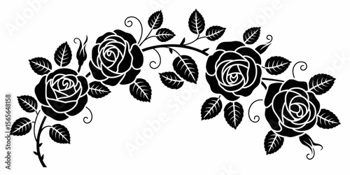 Black and white floral design with roses and leaves botanical vintage