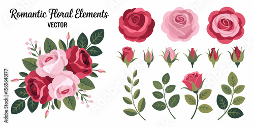 Romantic floral elements with roses and leaves pink