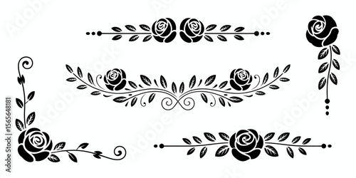 Elegant black rose floral decorative borders and corners white