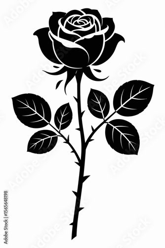 Black rose silhouette with thorny stem and leaves white illustration