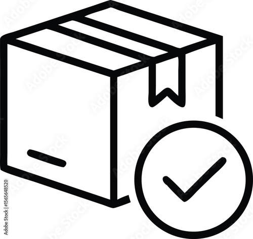 Line art parcel box with check mark in circle, cargo delivery confirmation