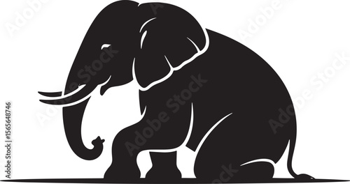 elephant sitting black silhouette vector, Simple silhouette Design vector icon with white background. Wild animal silhouette