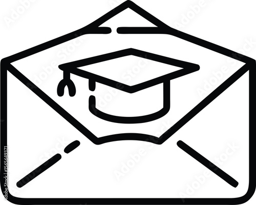 Line drawing graduation cap icon in opened envelope for invitation cards