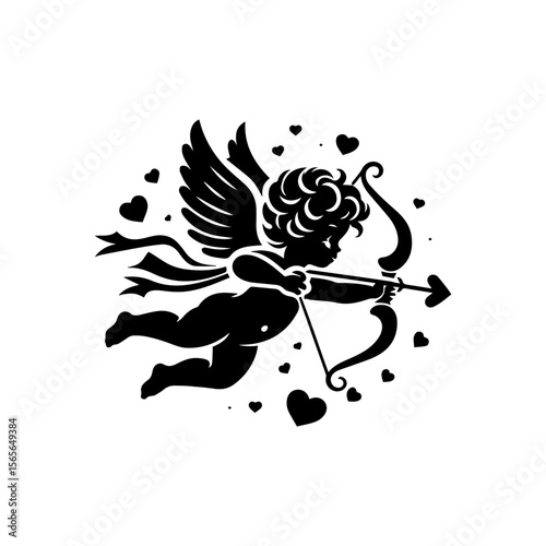 A cherubic cupid, wings outstretched, aims his bow and arrow amidst scattered hearts.