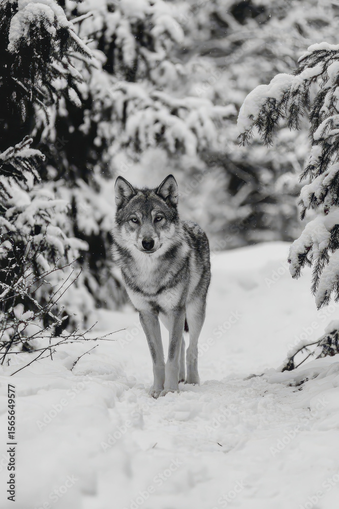 Fototapeta premium Wolf in Snowy Forest: Monochrome