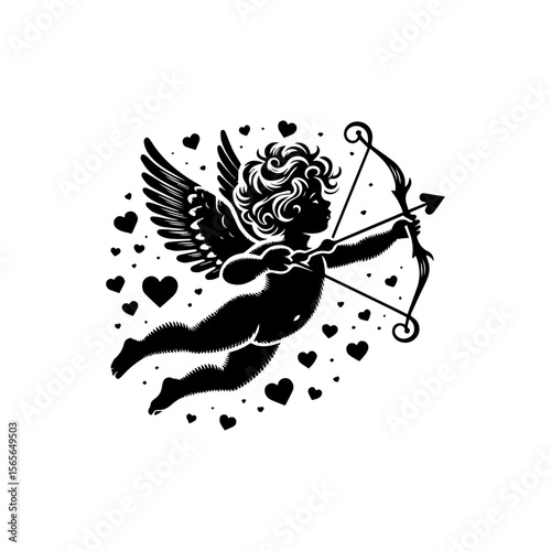 Silhouette of a winged cherub aiming an arrow, surrounded by hearts.