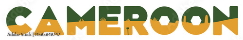 Cameroon Word Art Illustration with African Savanna Landscape, Green and Gold Colors, Modern Vector Typography Design