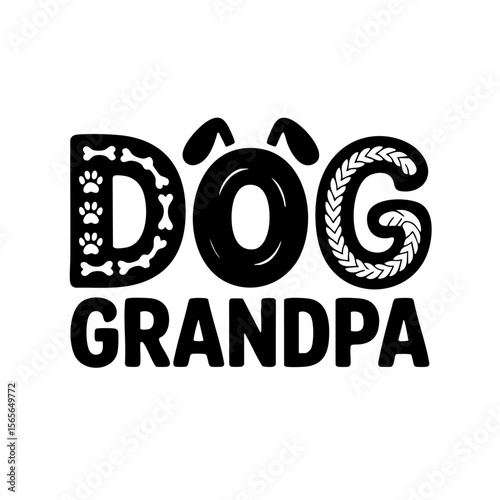 Dog Grandpa Typography Design – Cute Pet Lover Quote with Dog Bones, Paw Prints, and Ears for Grandpa Gifts, T-Shirts, Stickers, Black and White Vector