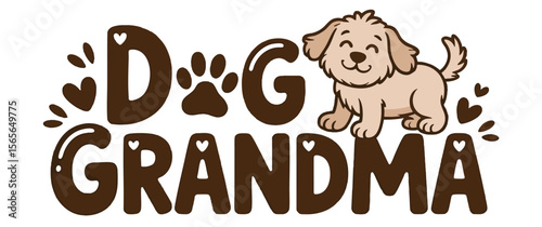 Cute "Dog Grandma" Typography Design with Cartoon Puppy, Paw Print, and Hearts for Pet Lover Gifts, Stickers, Apparel, and Mugs