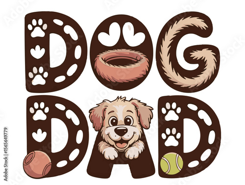 Cute "Dog Dad" Typography with Cartoon Puppy, Paw Prints, Dog Bed, and Tennis Balls – Perfect for Dog Lovers, Father’s Day Gifts, Pet Apparel