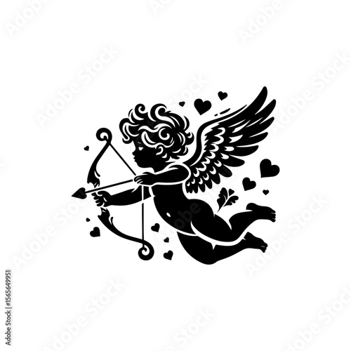 A cherubic cupid, wings outstretched, aims his bow and arrow amidst floating hearts.