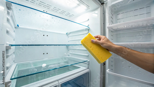 Person cleaning empty refrigerator, chiller shelf with a yellow sponge. The inside of an empty refrigerator being cleaned. Refrigerator interior cleaning. How to clean a refrigerator? 