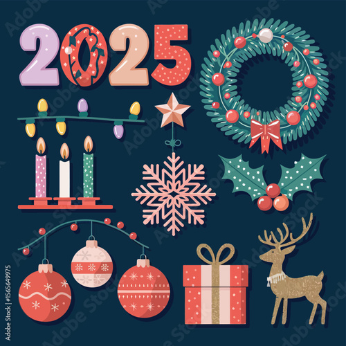 vector Happy New Year Celebrating 2025 in Latin letters , Christmas Decoration Items Santa Claus
