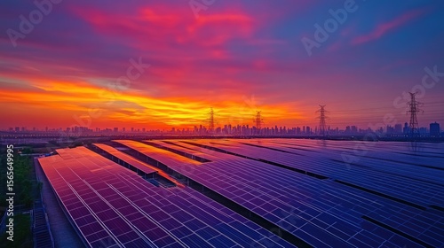 Extensive solar panel farm at sunset over a city.